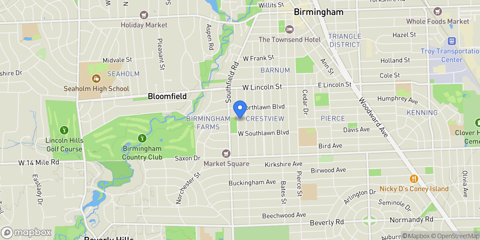 Map showing 1541 Shipman Boulevard, Birmingham, MI 48009, Birmingham, Michigan, United States.