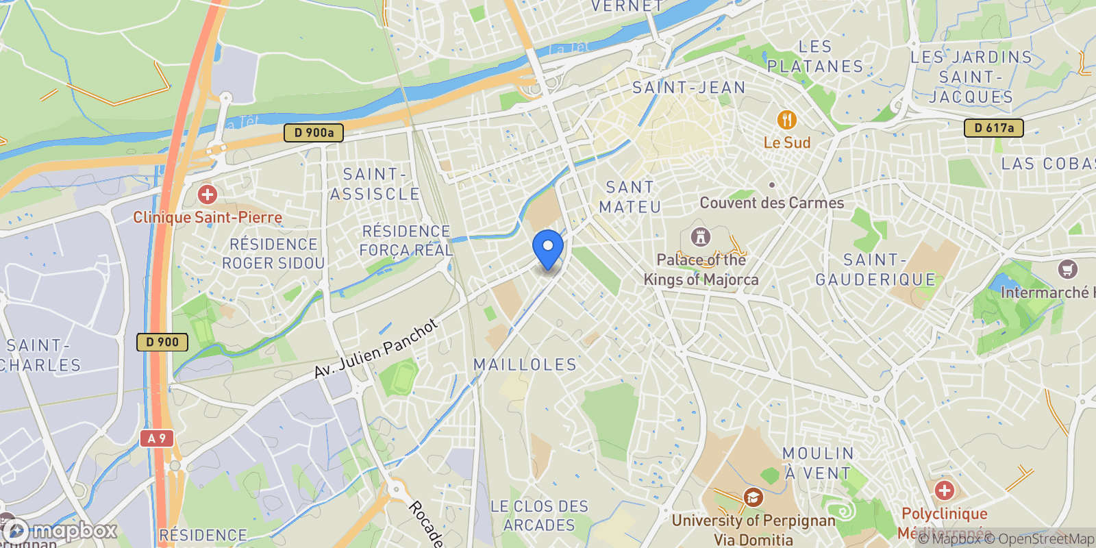 Map showing Perpignan, Occitanie, France.