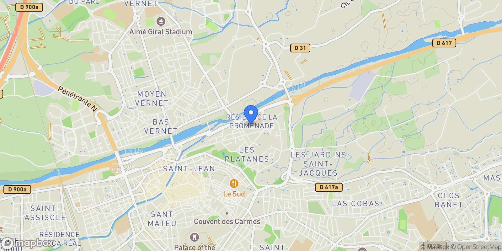 Map showing Perpignan, Occitanie, France.