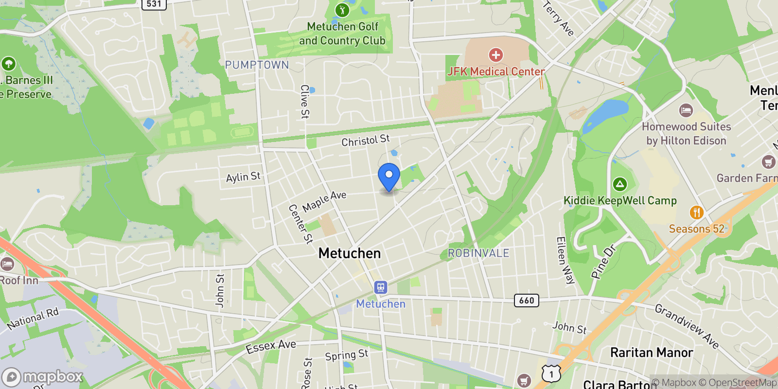 Map showing 31 Oak Avenue, Metuchen, NJ 08840, Metuchen, New Jersey, United States.