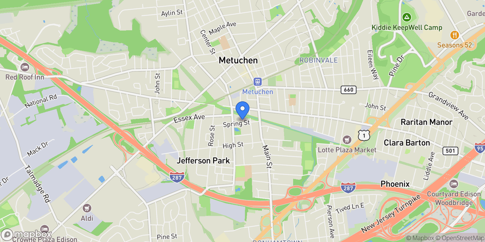 Map showing 62 Spring Street, Metuchen, NJ 08840, Metuchen, New Jersey, United States.
