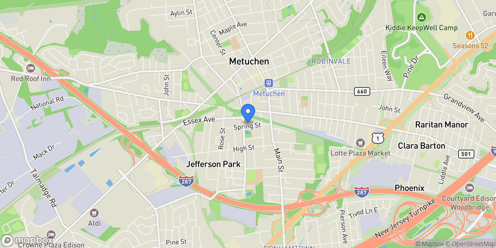Map showing 76 Spring Street, Metuchen, NJ 08840, Metuchen, New Jersey, United States.