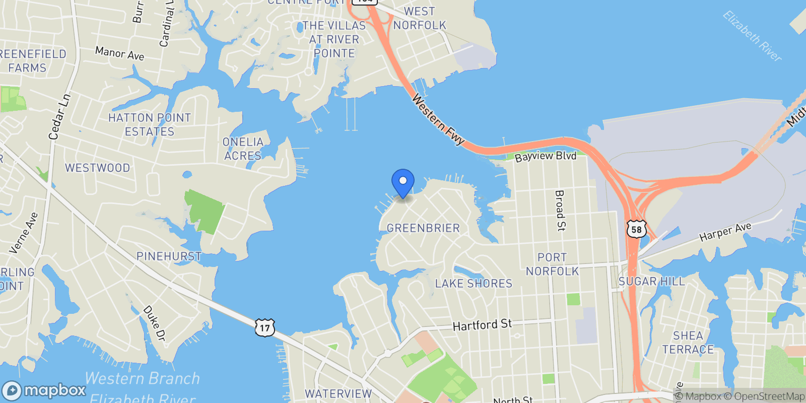 Map showing 1 WARWICK Street, Portsmouth, Virginia, United States.