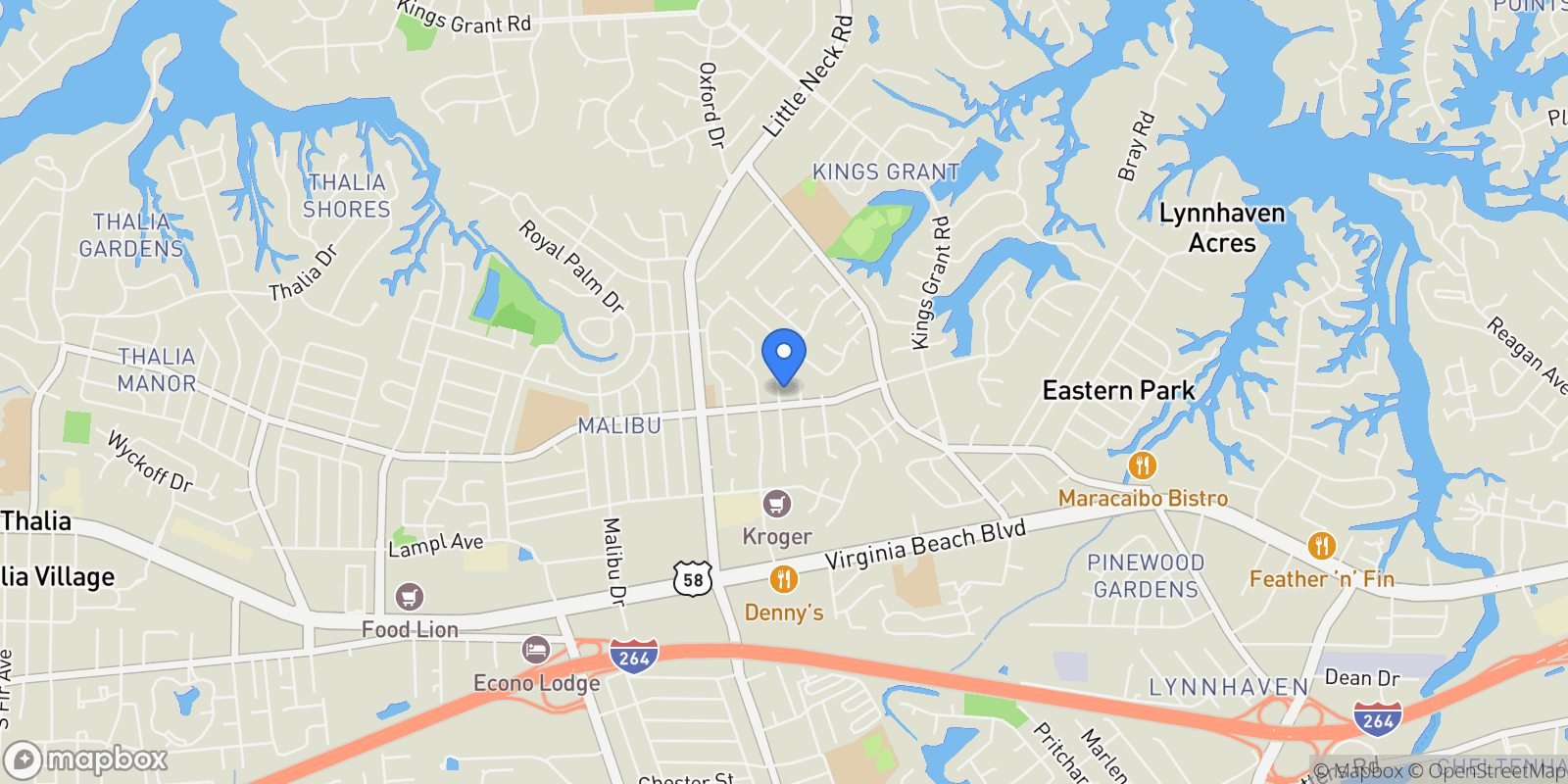 Map showing 501 Kings Grove Drive, Virginia Beach, Virginia, United States.