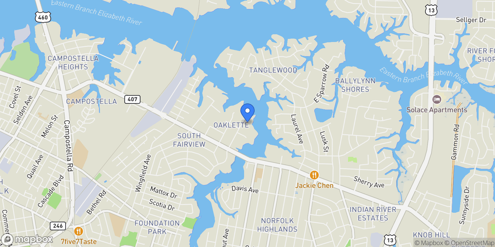 Map showing 828 Oaklette Avenue, Chesapeake, Virginia, United States.