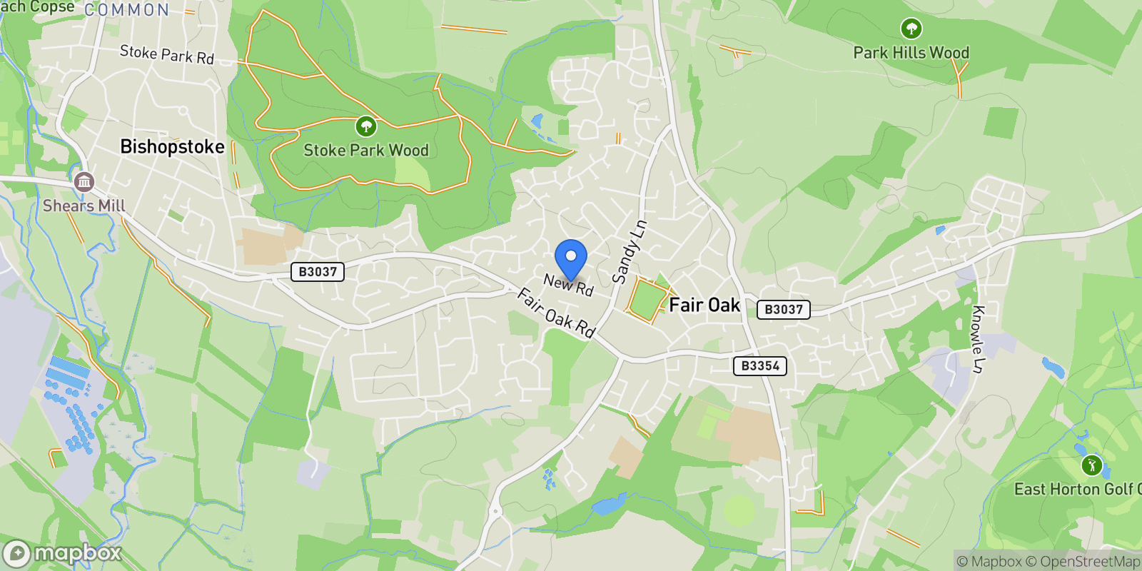Map showing New Road, Eastleigh, Hampshire, Fair Oak, England, United Kingdom.