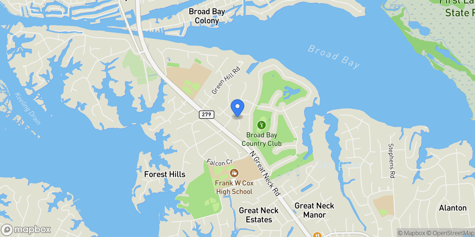 Map showing 2508 Queens Elm Place, Virginia Beach, Virginia, United States.