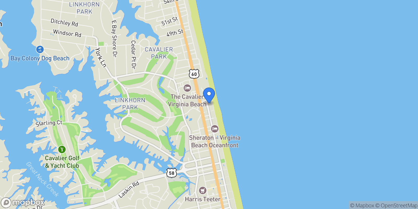 Map showing 3810 Atlantic Avenue, Virginia Beach, Virginia, United States.
