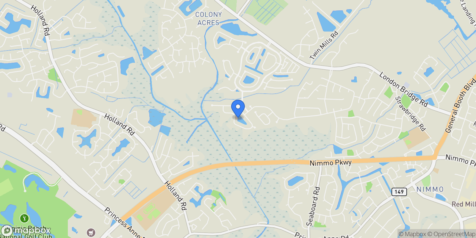 Map showing 2564 Springhaven Drive, Virginia Beach, Virginia, United States.