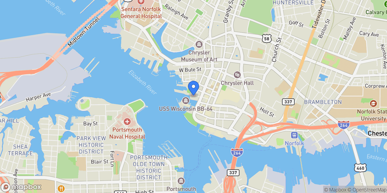 Map showing 301 Brooke Avenue, Norfolk, Virginia, United States.