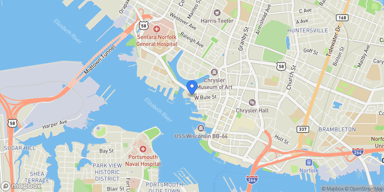 Map showing 425 W York Street, Norfolk, Virginia, United States.