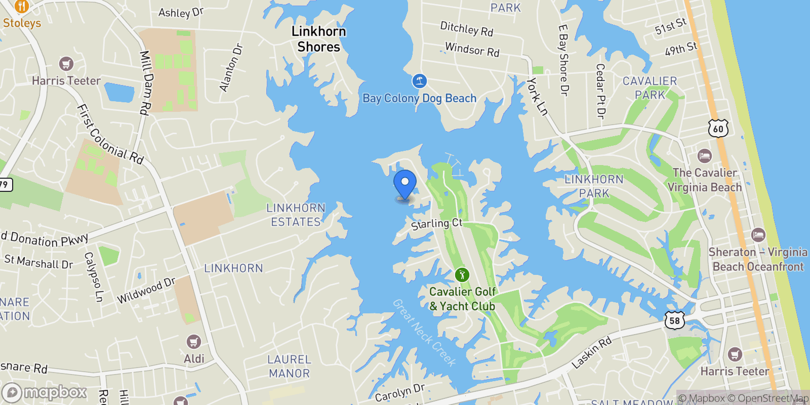 Map showing 1304 Mockingbird Place, Virginia Beach, Virginia, United States.