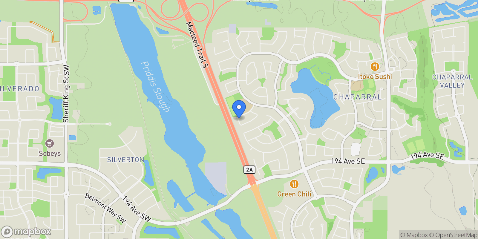 Map showing 117 Chapalina Close SE, Calgary, Alberta, Canada.