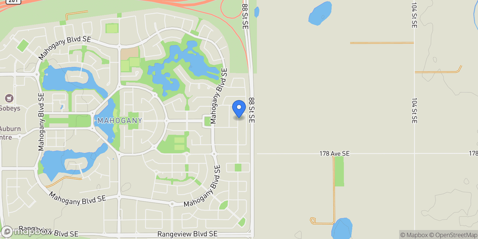 Map showing 68 Masters Street SE, Calgary, Alberta, Canada.