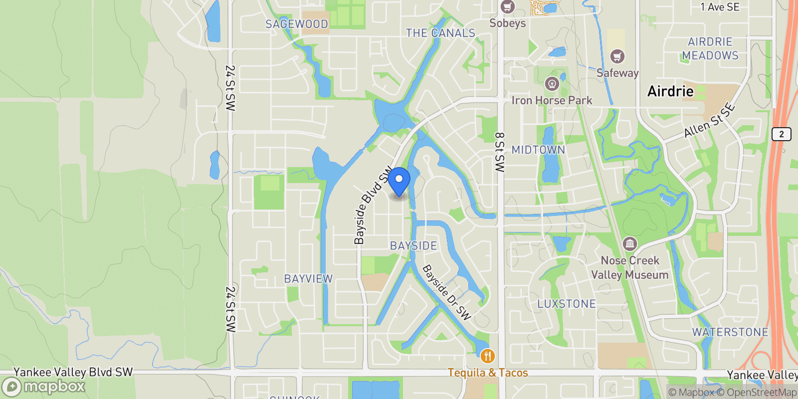 Map showing 1635 Baywater Street SW, Airdrie, Alberta, Canada.
