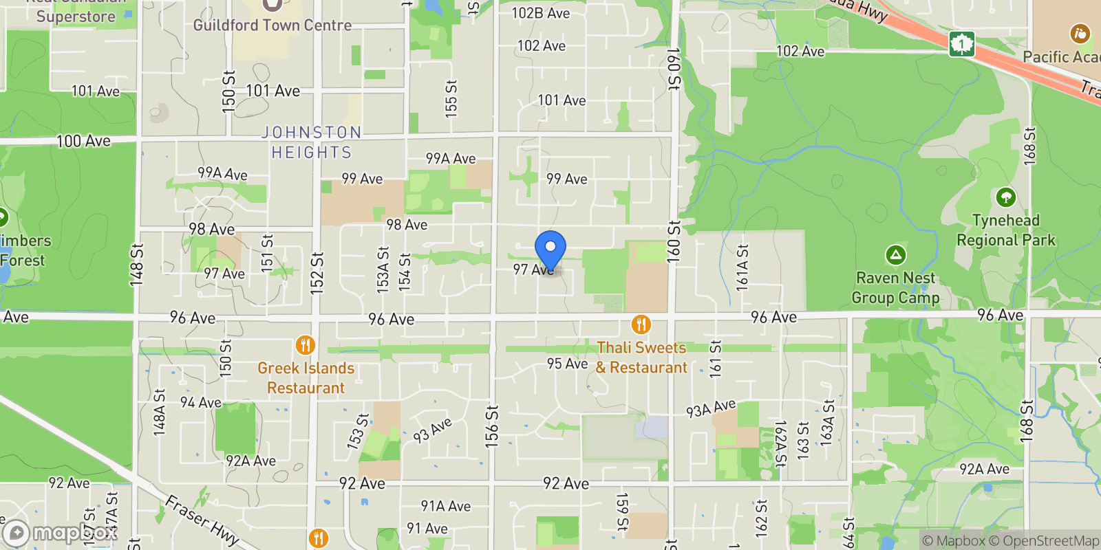 Map showing 15738 97 AVENUE, Surrey, British Columbia, Canada.