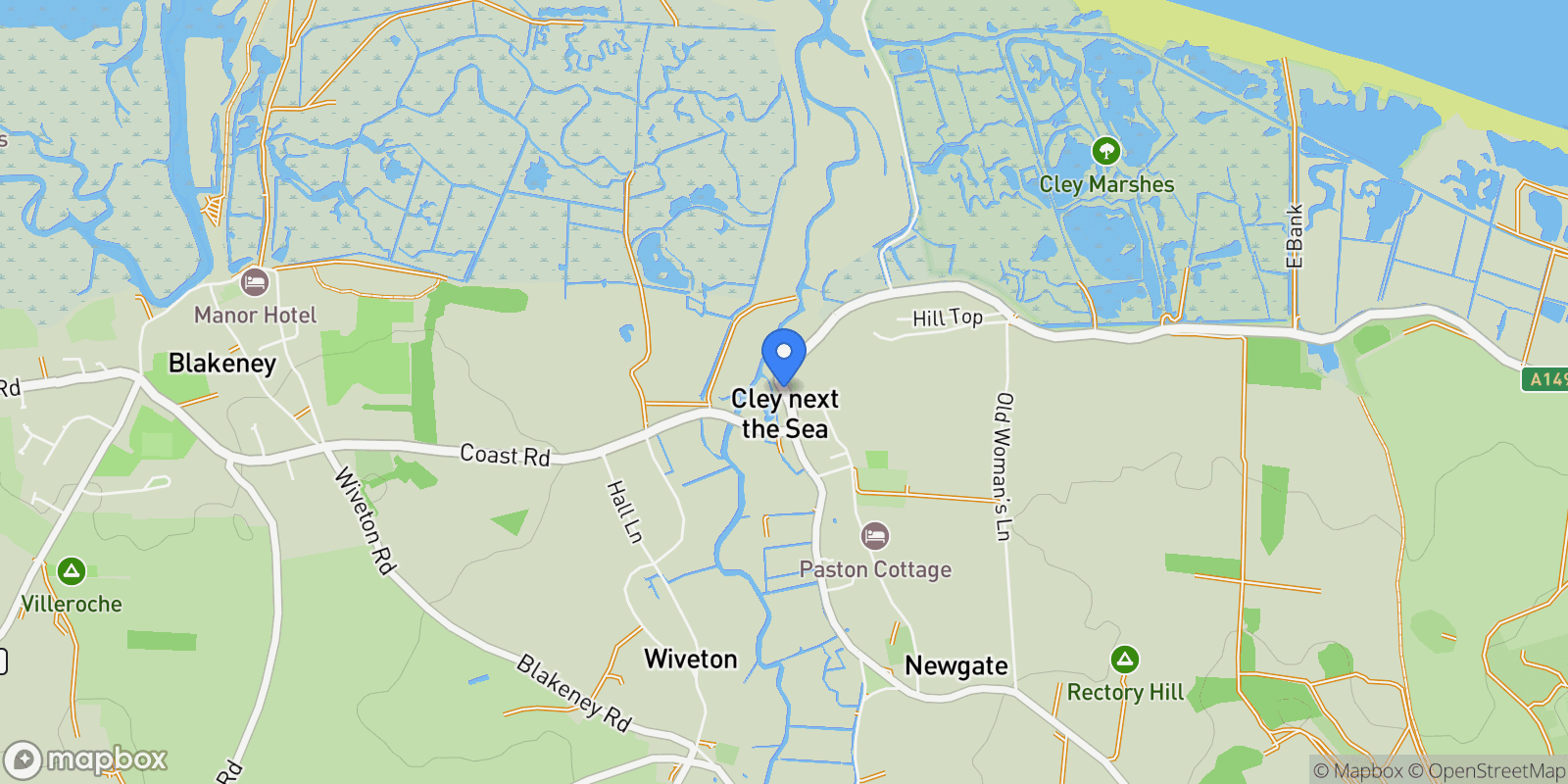 Map showing High Street, Cley, Holt, Norfolk, Cley next the Sea, England, United Kingdom.