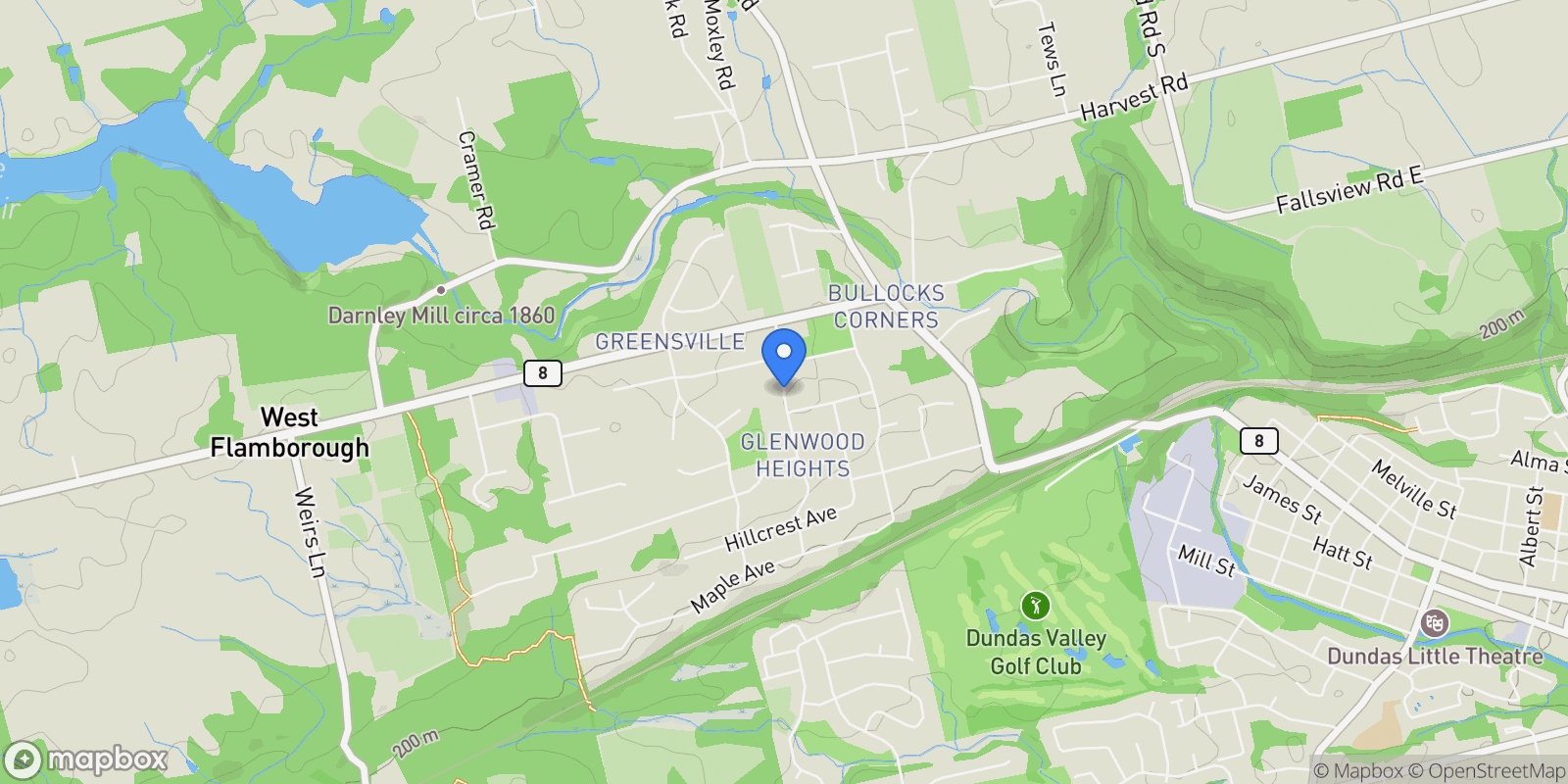 Map showing 32 Mountain View Road, Hamilton, Ontario, Canada.
