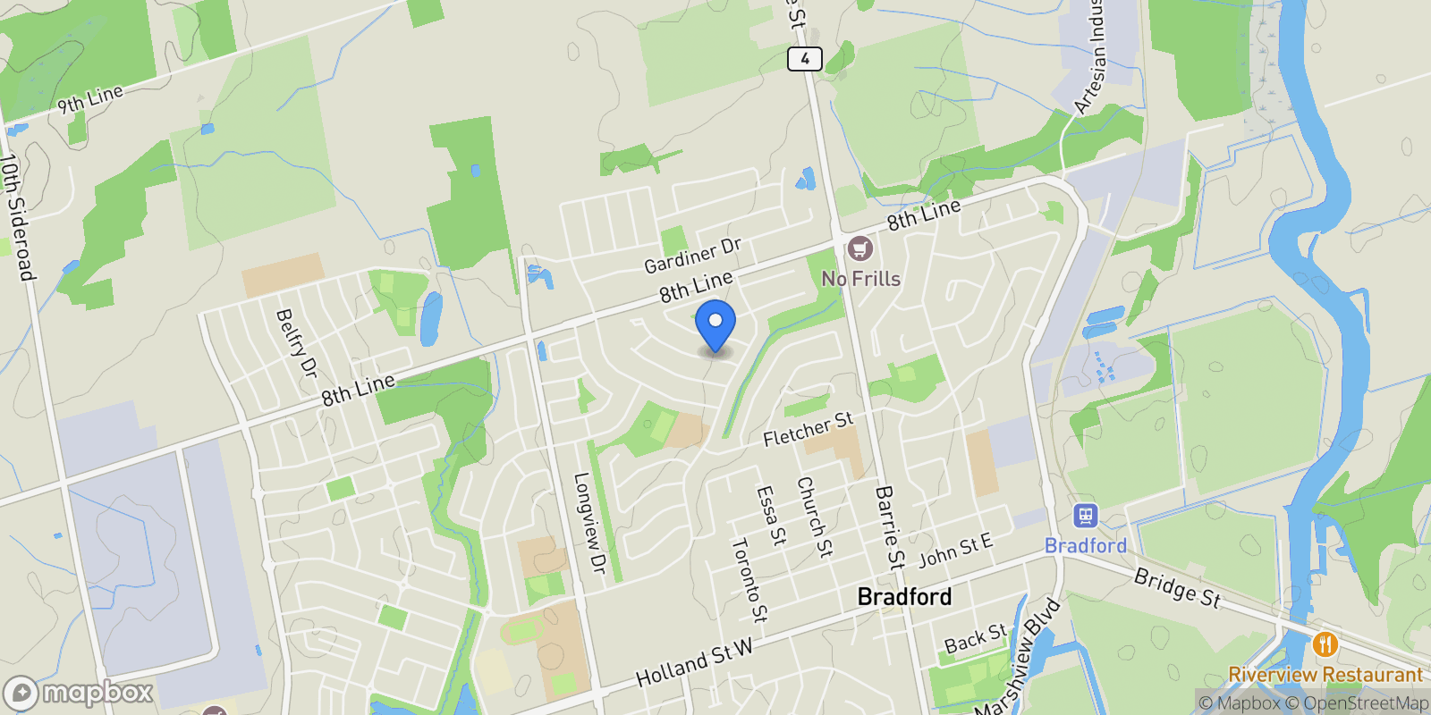 Map showing 14 PRINCE DRIVE, Bradford West Gwillimbury, Ontario, Canada.