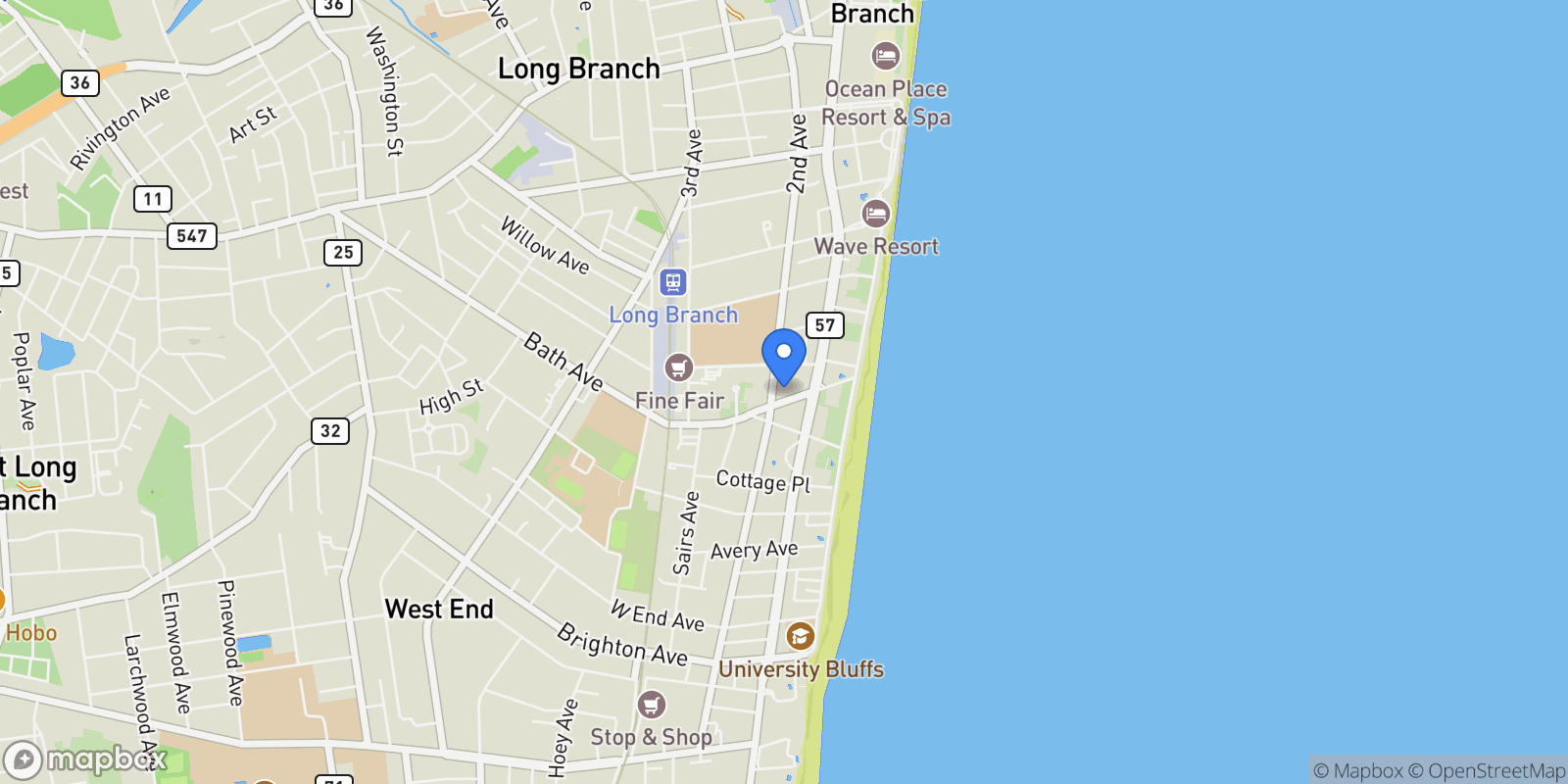 Map showing 2 Seashore Drive, Long Branch, New Jersey, United States.