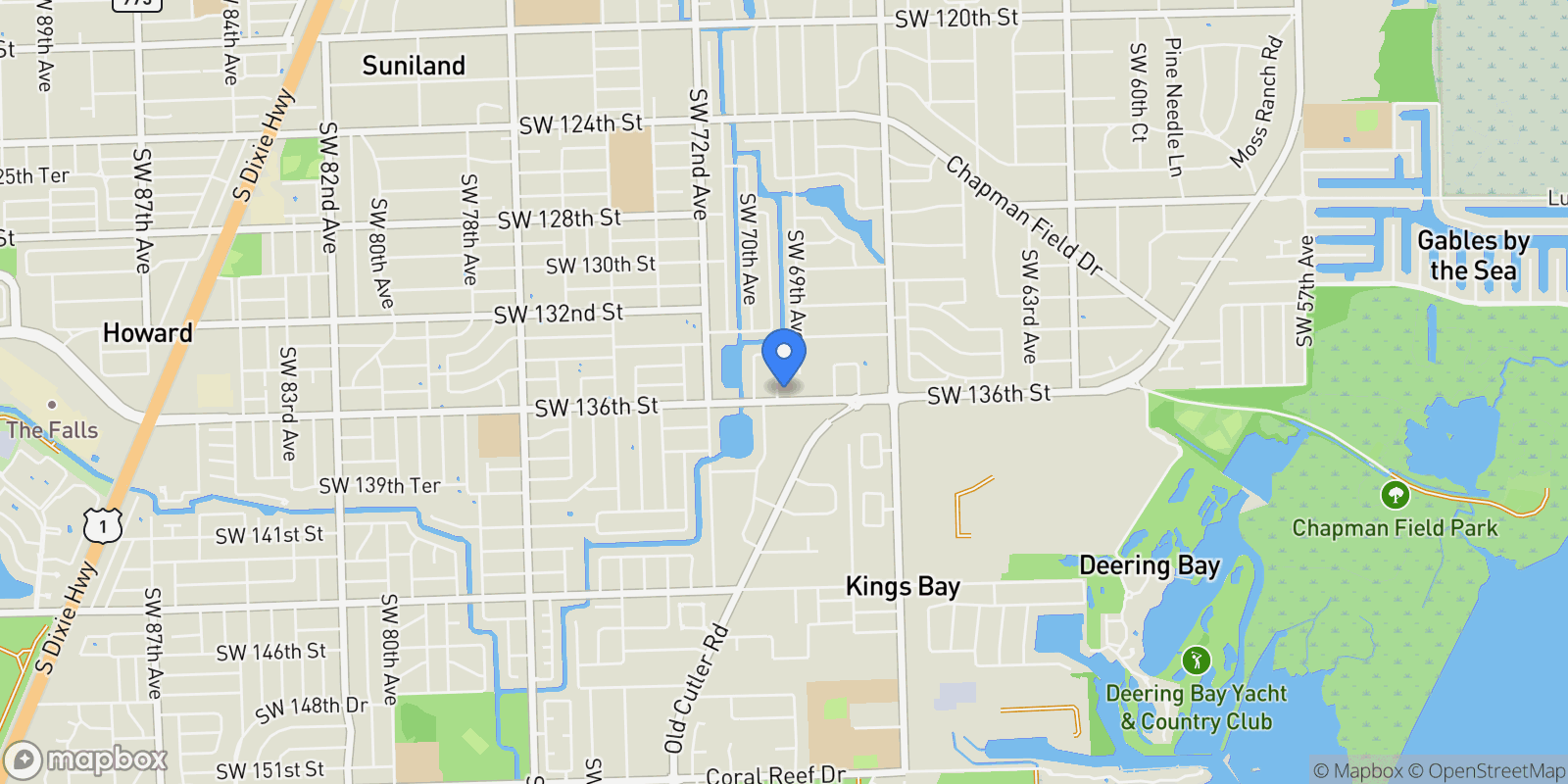 Map showing 13575 SW 69th Ct, Pinecrest, FL, United States.