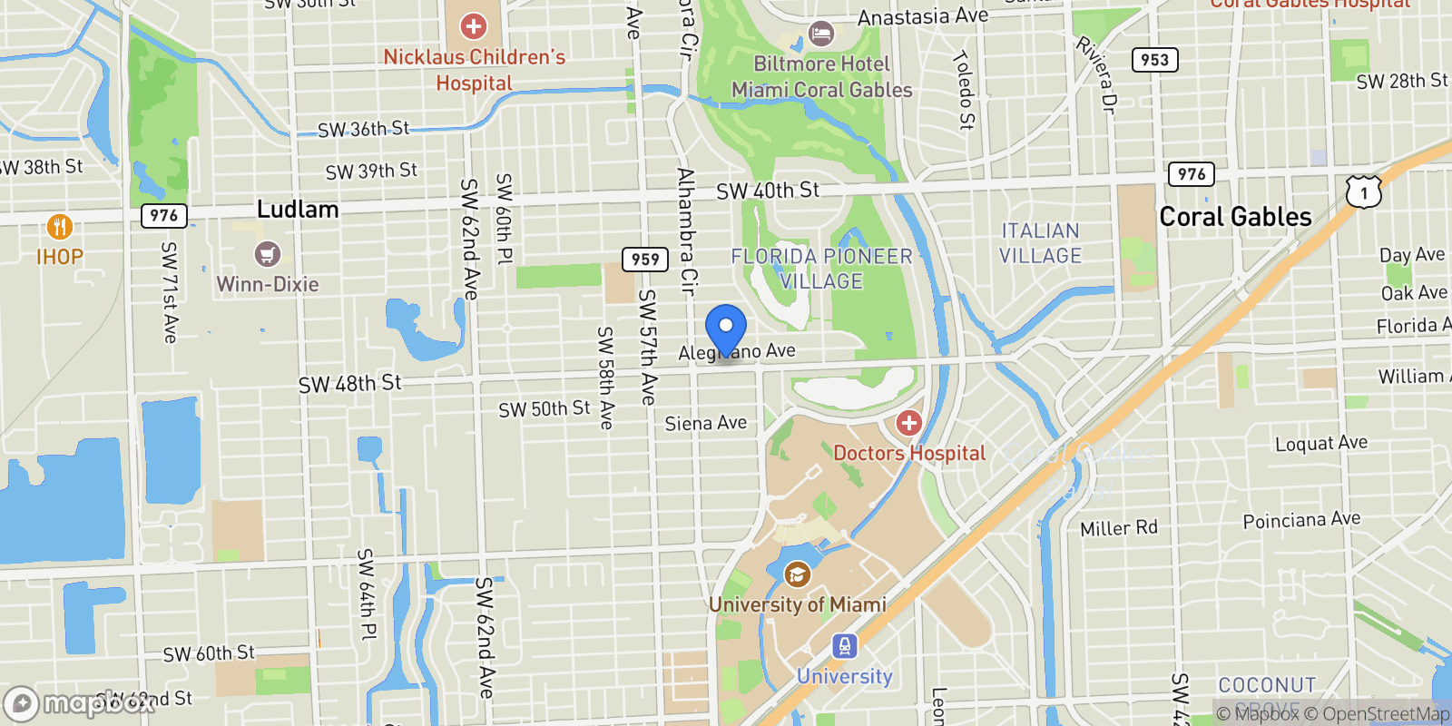 Map showing 1435 Blue Rd, Coral Gables, Florida, United States.