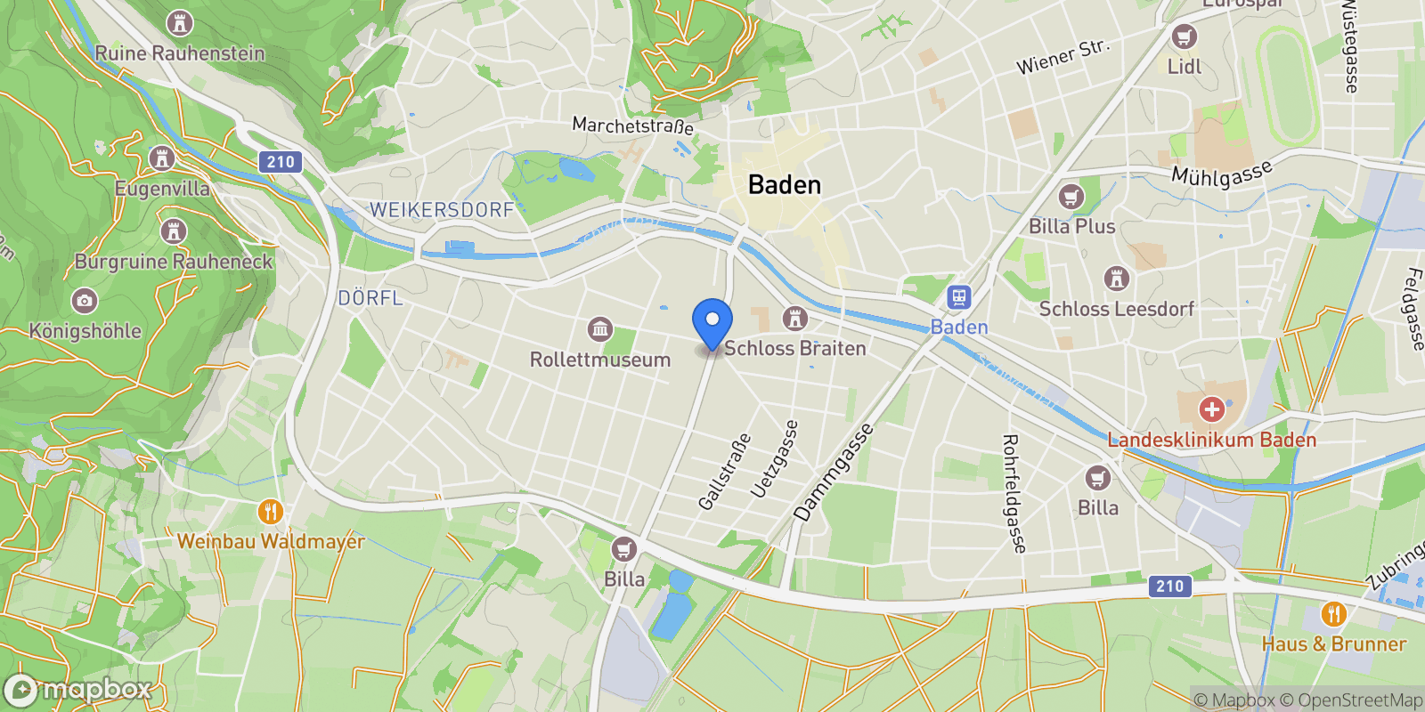 Map showing 2500 Baden bei Wien, Austria, Baden bei Wien, Lower Austria, Austria.