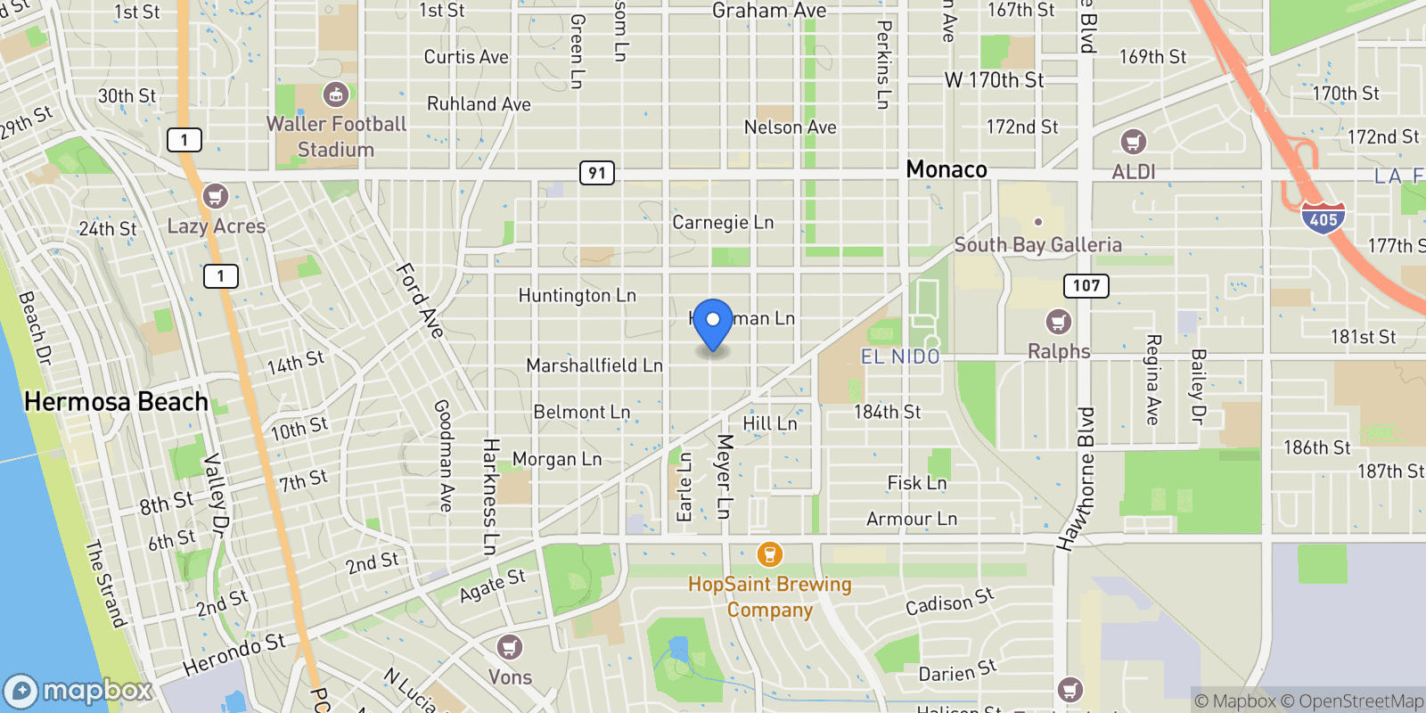 Map showing 2301 Marshallfield Lane A, Redondo Beach, CA 90278, Torrance, California, United States.