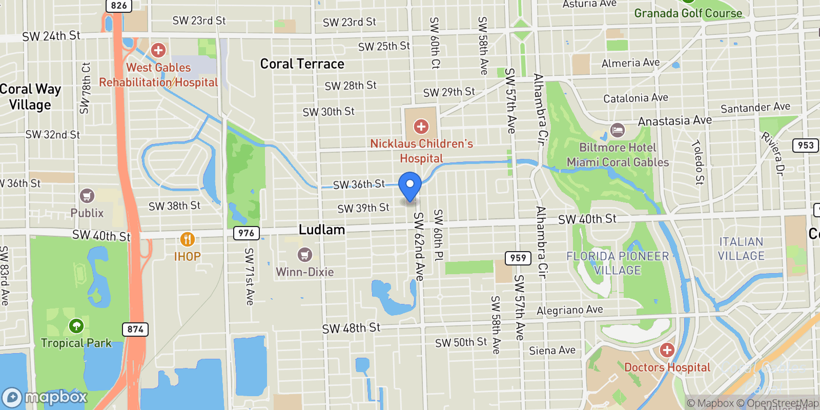 Map showing 6230 SW 38th St, Miami, Florida, United States.
