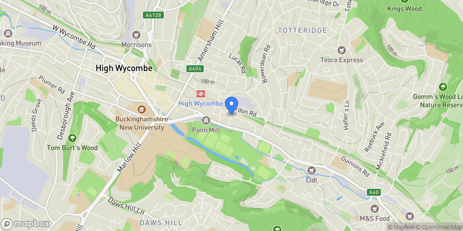 Map showing Queens Road, High Wycombe, Buckinghamshire, HP13 6AQ, High Wycombe, England, United Kingdom.