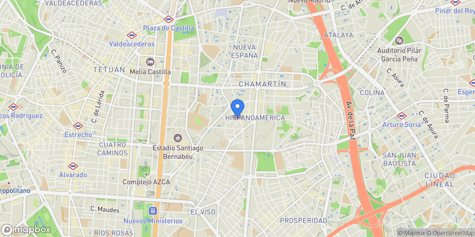 Map showing Hispanoamérica, Madrid, Madrid provincia, Madrid, Chamartín, Madrid, Spain.