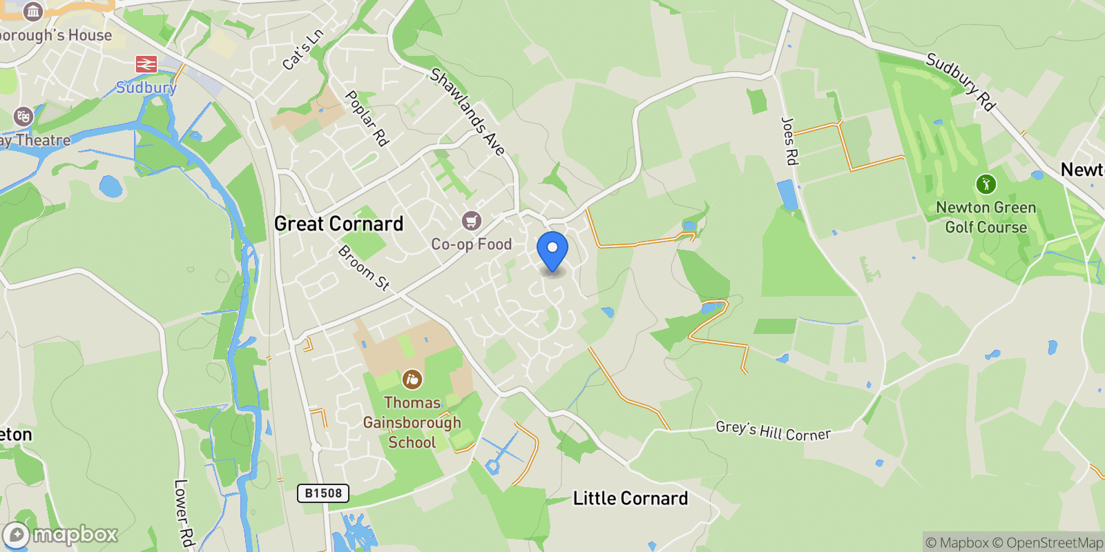 Map showing Brands Close, Great Cornard, Great Cornard, England, United Kingdom.