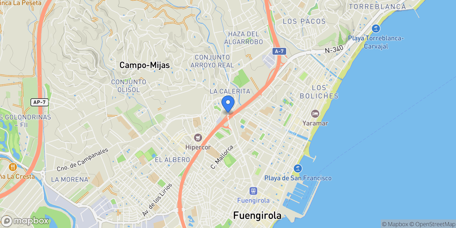 Map showing Carretera de Mijas, Málaga, Fuengirola, Andalusia, Spain.