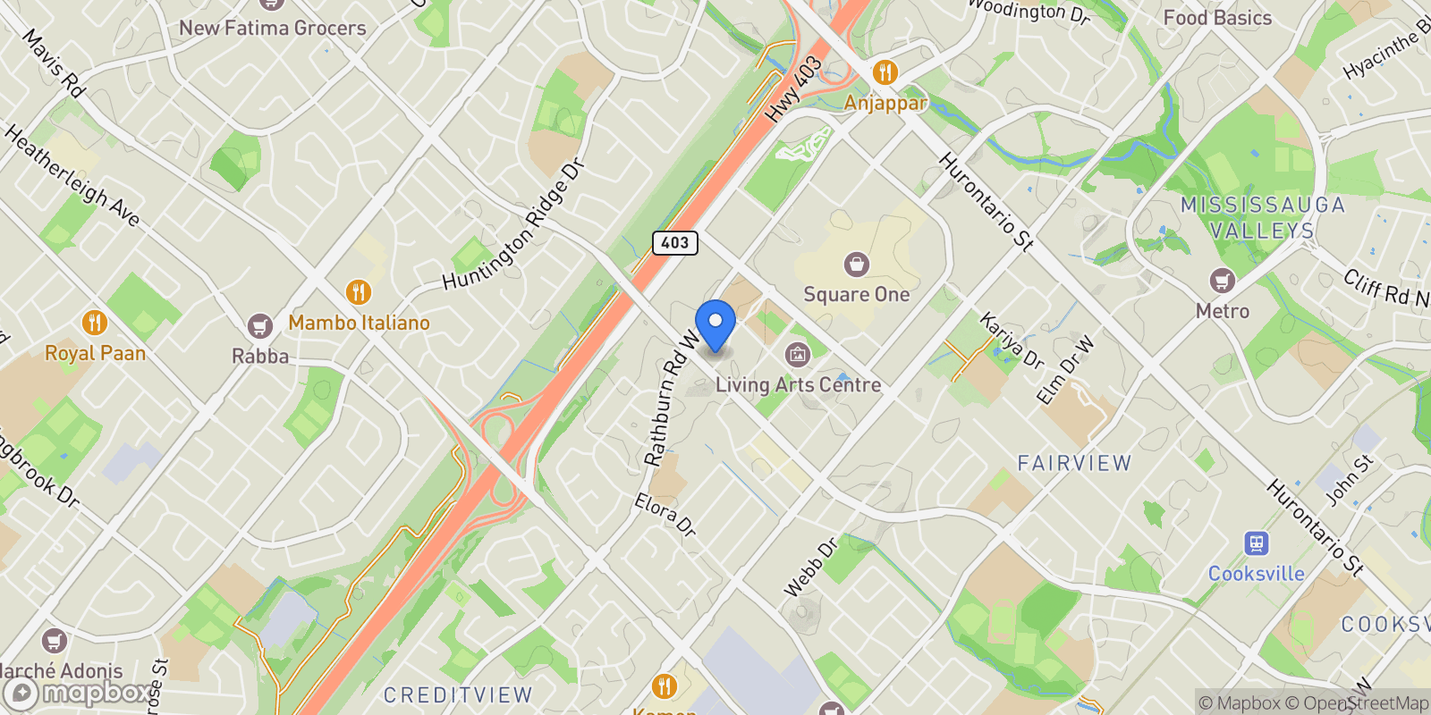 Map showing 395 Square One Drive, Mississauga, Ontario, Canada.