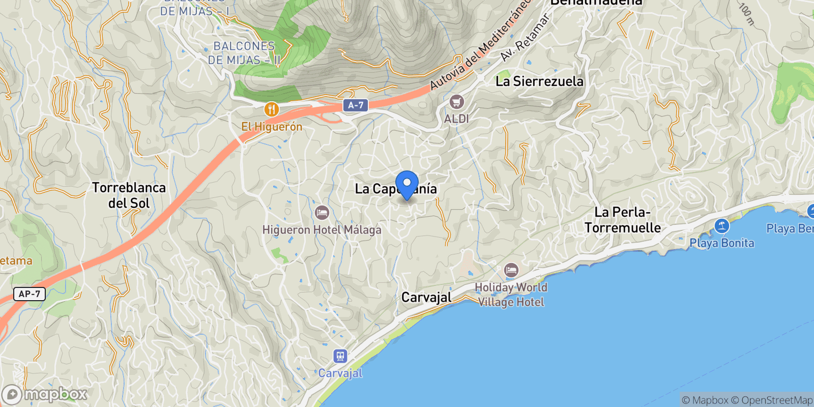 Map showing Benalmádena Costa, Málaga, La Capellania, Benalmadena, Andalusia.