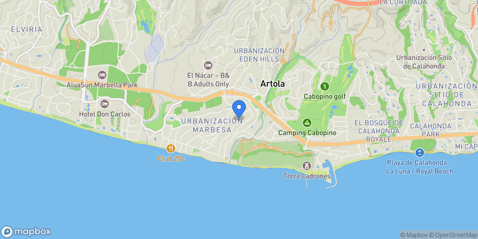 Map showing Carib Playa, Málaga, Elviria-Cabopino, Marbella, Spain.
