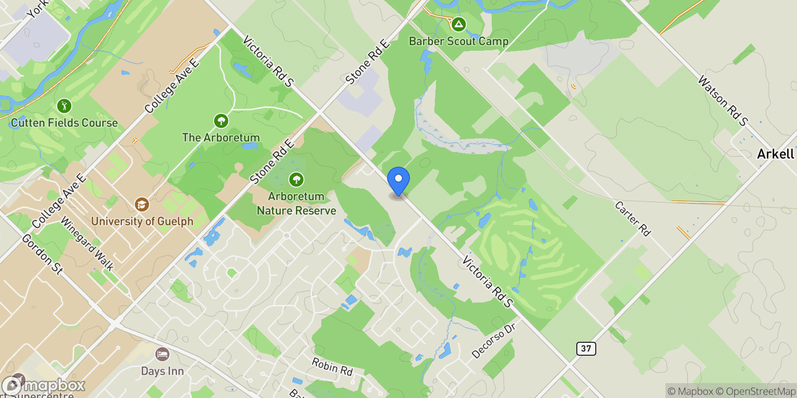 Map showing 66 Thatcher Drive, Guelph, Ontario, Canada.