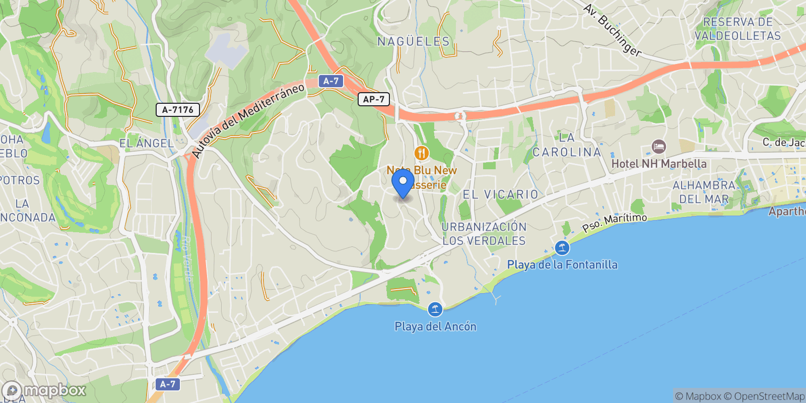 Map showing Las Lomas de Marbella, Málaga, Marbella, Andalusia, Spain.