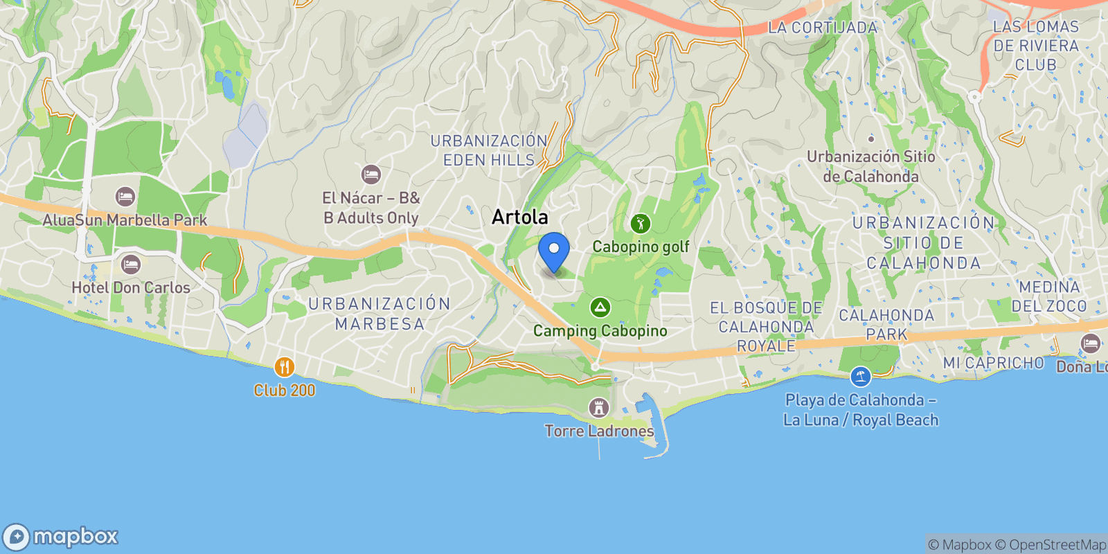 Map showing Artola Alta, Málaga, Puerto De Cabopino, Elviria-Cabopino, Marbella.
