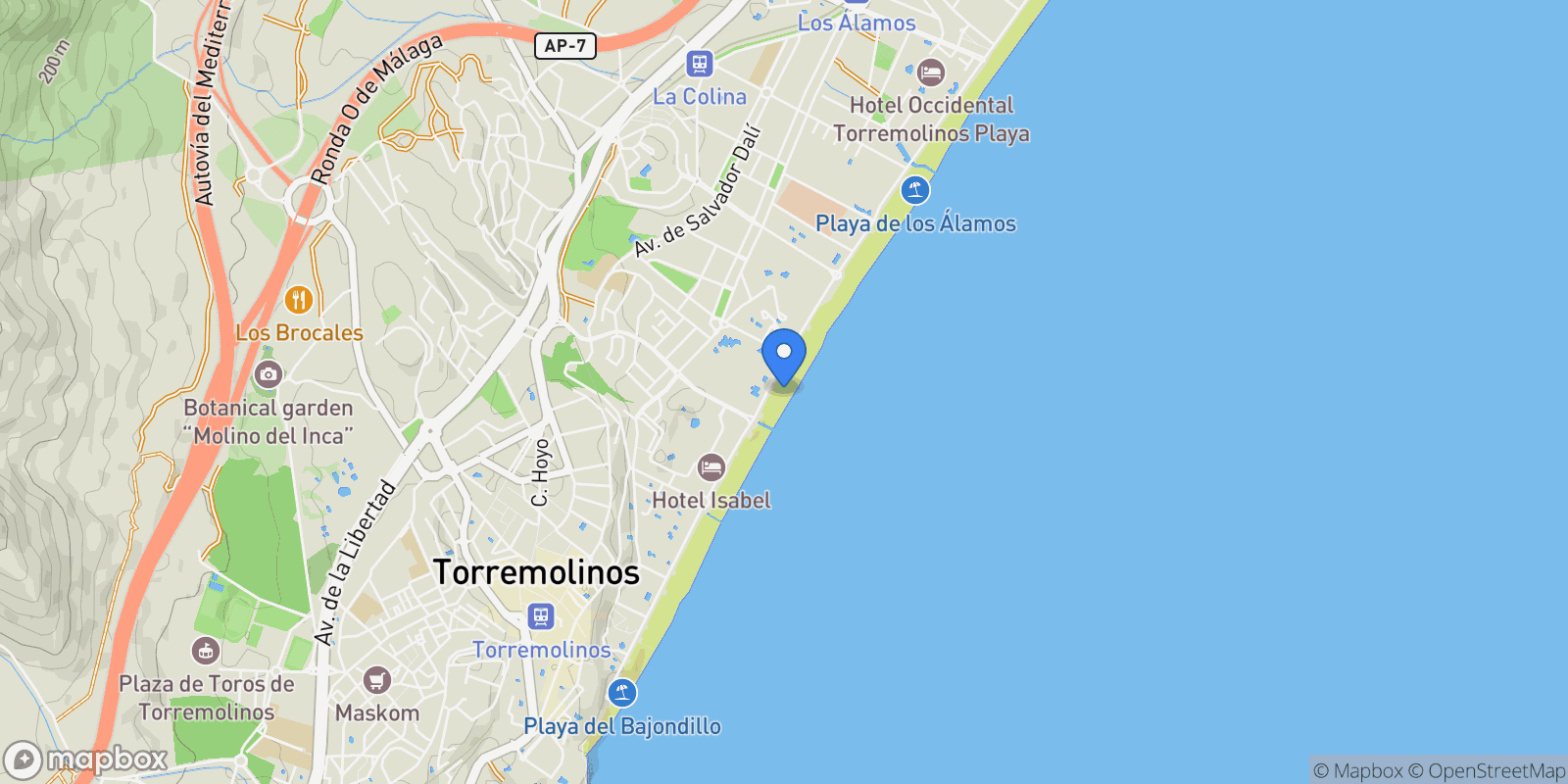 Map showing Playamar, Málaga, Torremolinos, Andalusia, Spain.