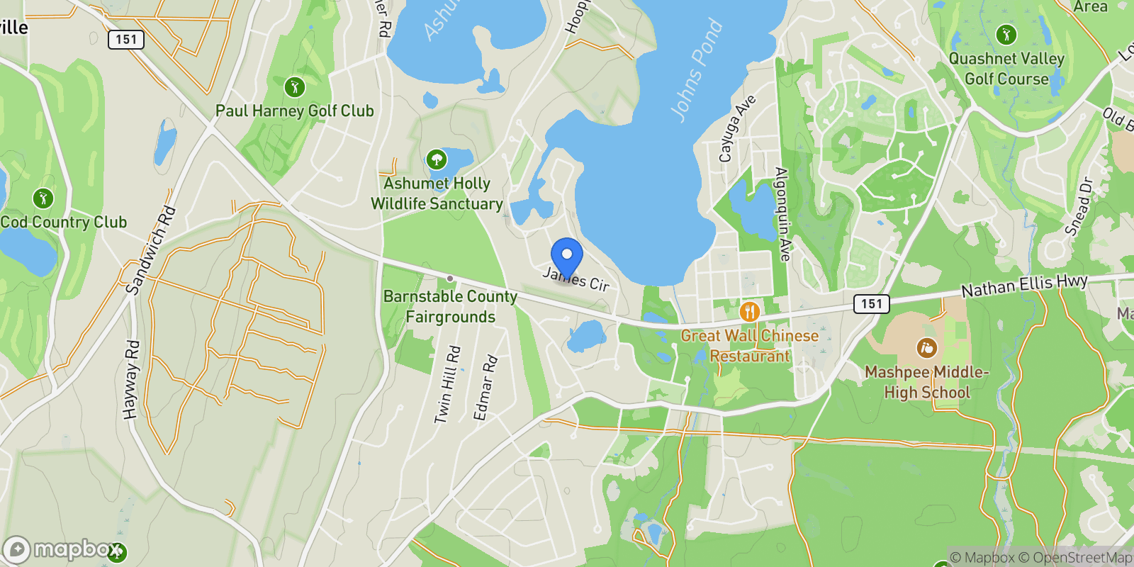 Map showing 191 James Circle, Mashpee, MA 02649, Mashpee, Massachusetts, United States.