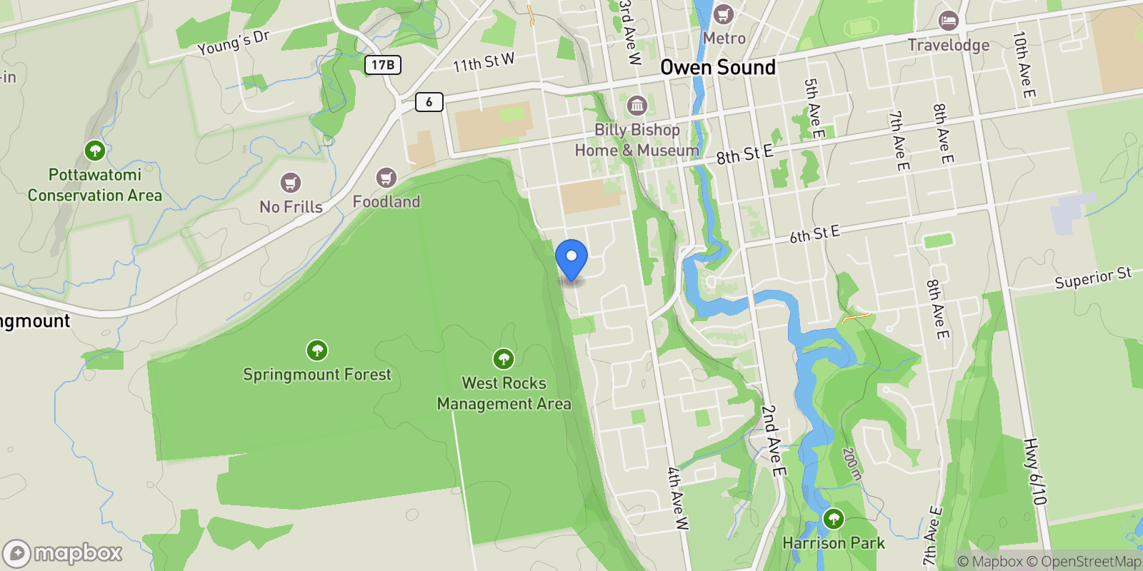 Map showing 596 6TH Avenue W, Owen Sound, Ontario, Canada.