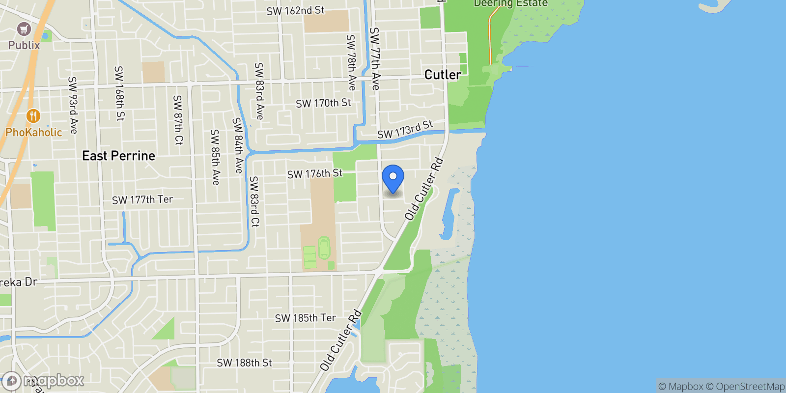 Map showing 7605 SW 178th Ter, Cutler Bay, Florida, United States.