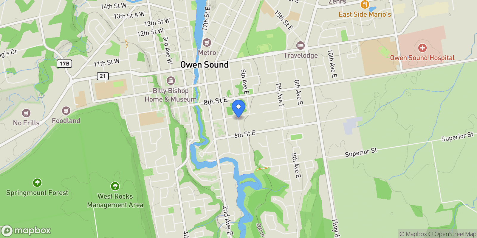 Map showing 689 4th Avenue E, Owen Sound, Ontario, Canada.