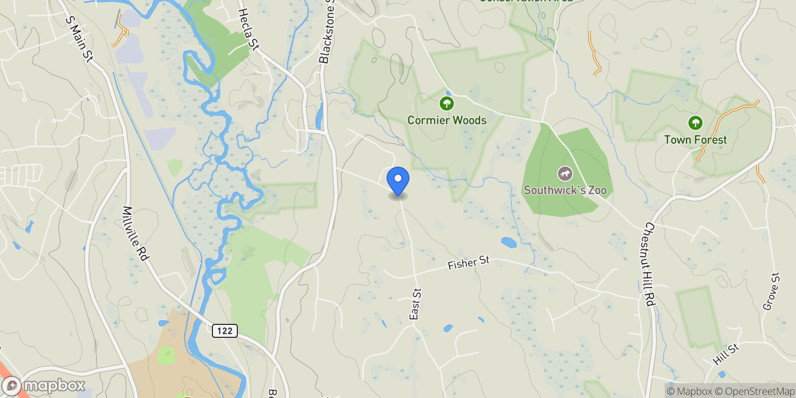 Map showing 85 East St, Uxbridge, MA 01569, Uxbridge, Massachusetts, United States.