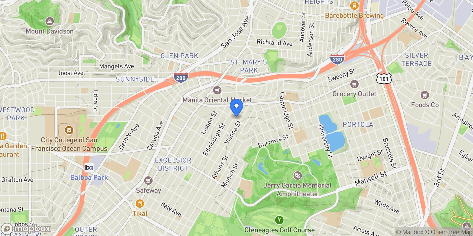 Map showing 89 Naples Street, San Francisco, California, United States.