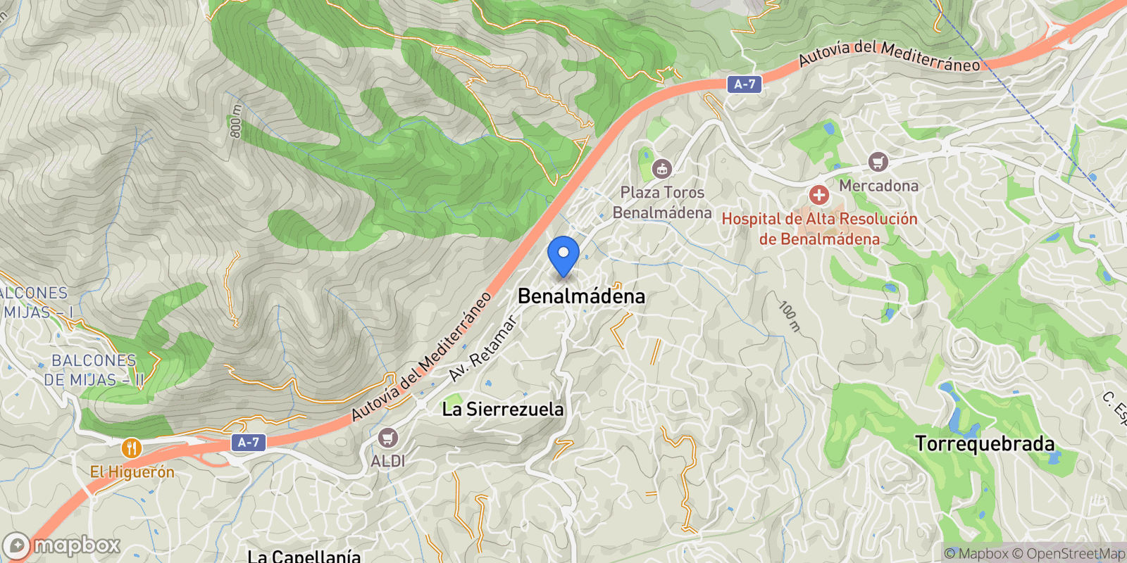 Map showing El Higuerón - Capellanía, Benalmádena, Málaga, Benalmádena, Benalmadena, Andalusia, Spain.