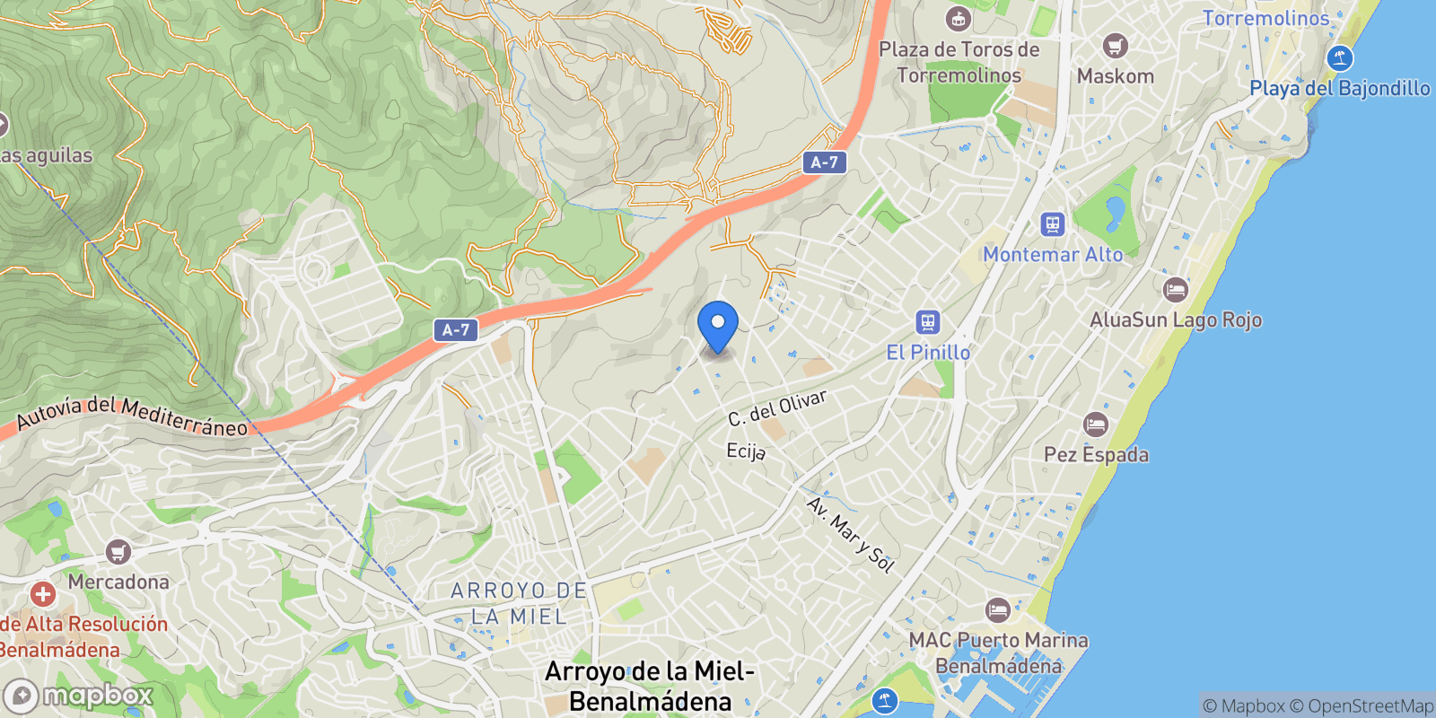 Map showing El Pinillo, Torremolinos, Málaga, Torremolinos, Torremolinos, Andalusia, Spain.