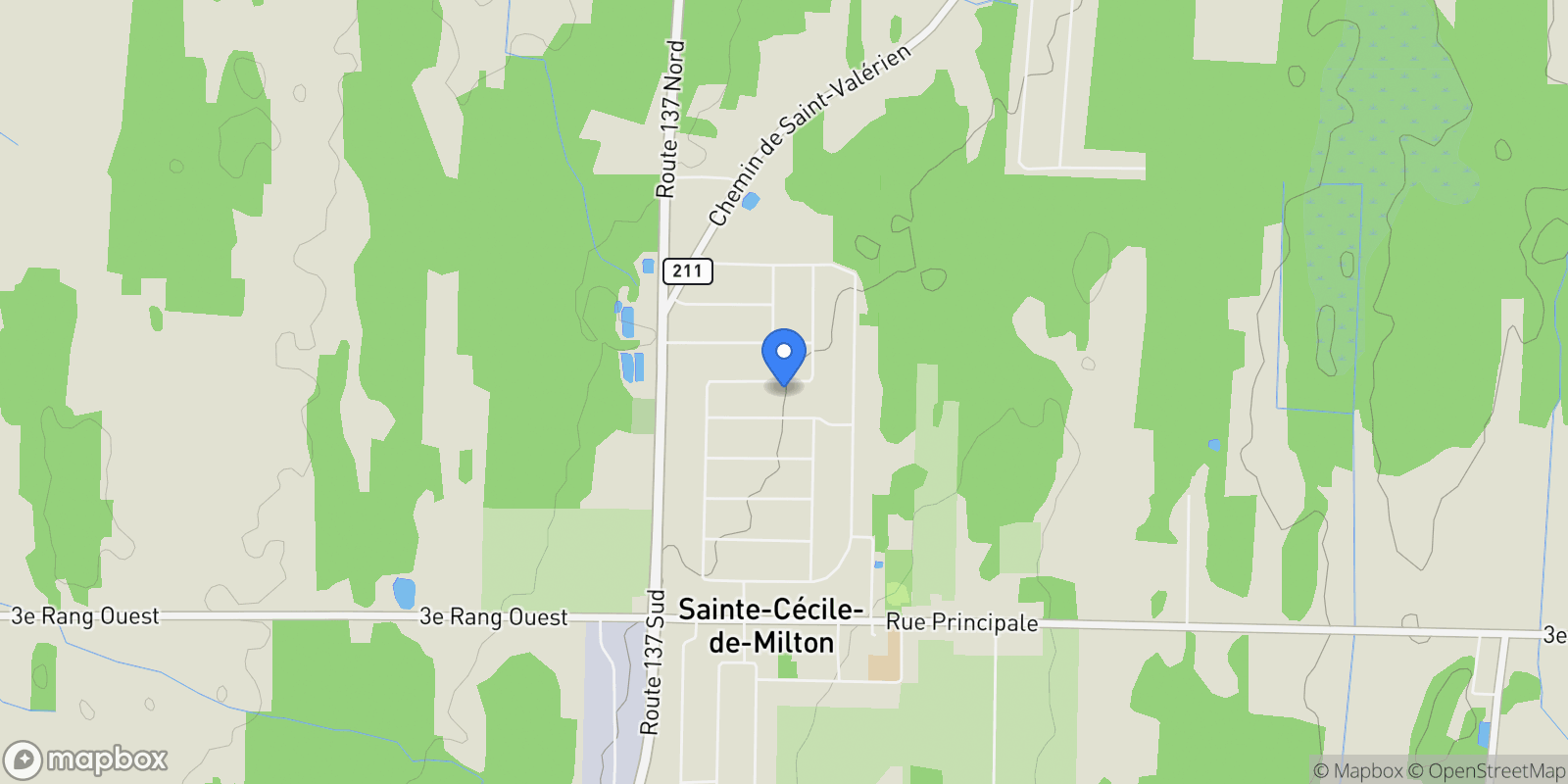 Map showing 102 rue Ostiguy, Sainte-Cécile-de-Milton, Quebec, Canada.