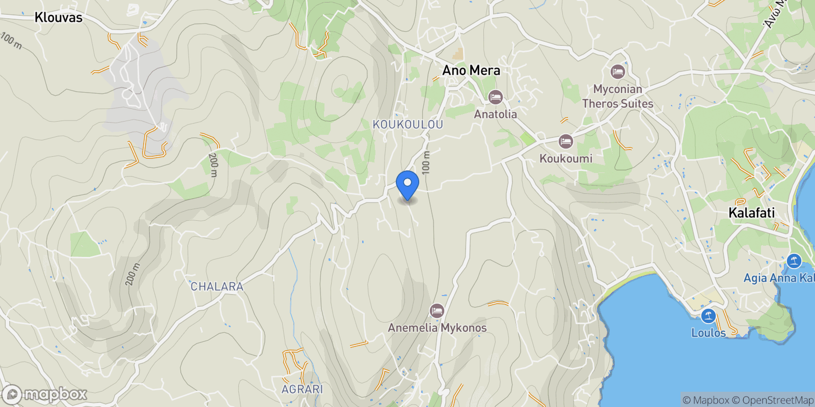 Map showing Ano Mera Community, Aegean, Greece.